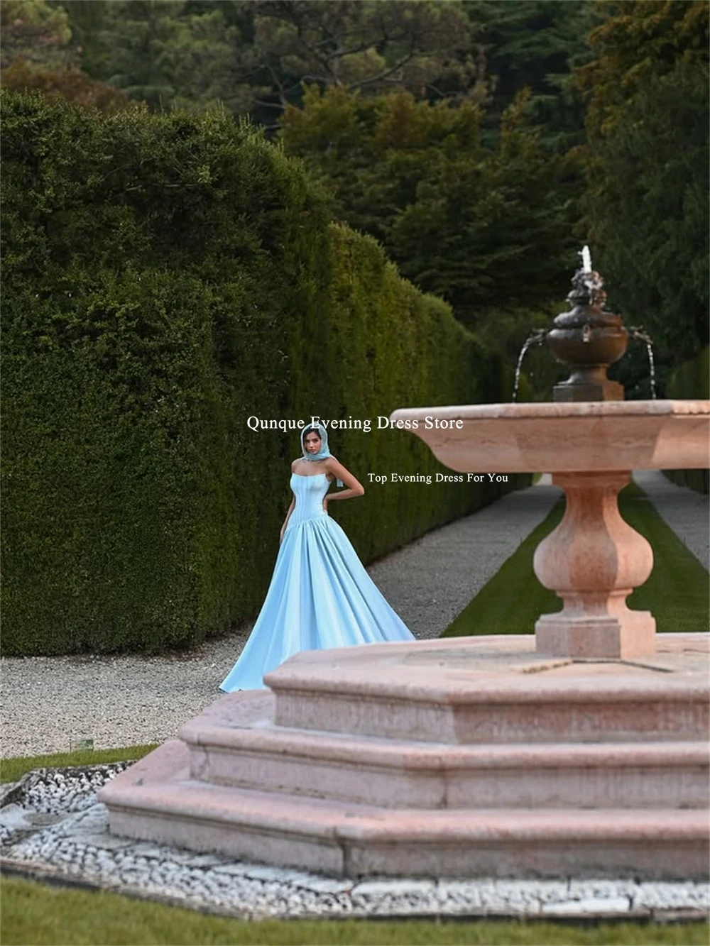 Qunque Himmelblaue, trägerlose, drapierte Ballkleider, A-Linie, ärmellos, Vestidos De Noiva, Satin, formelle lange Abendkleider, individuell gestaltet