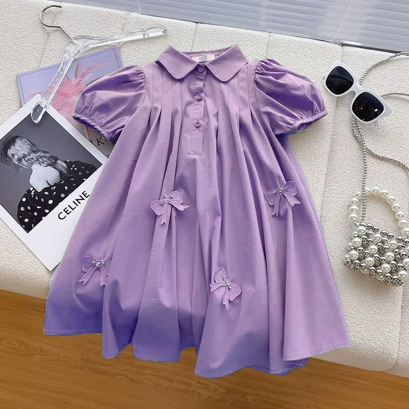 Big Size Summer Bow Decoration Teen-agers Girls Dress Small Lapel Design Casual Comfortable Princess Dress For 3-14 Years Kids