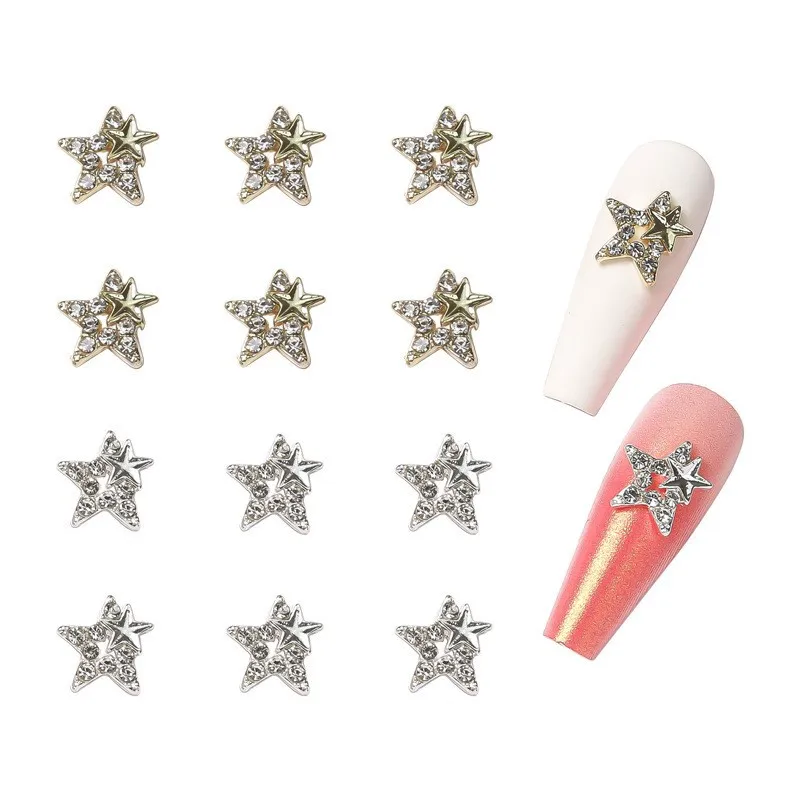 10Pcs Hollow Out Pentagram Alloy Charms 10mm Gold/Silver Metal Star Parts 5-Pointed Stars Rhinestone Stones Nail Decoration