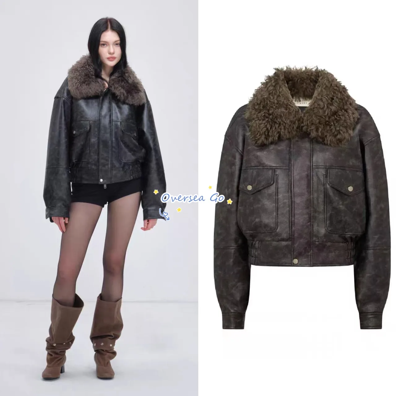 

Frankie Retro Floral Print Leather Jacket Women's Detachable Fur Collar Coat Loose Fit Long Sleeve Warm Casual Outerwear