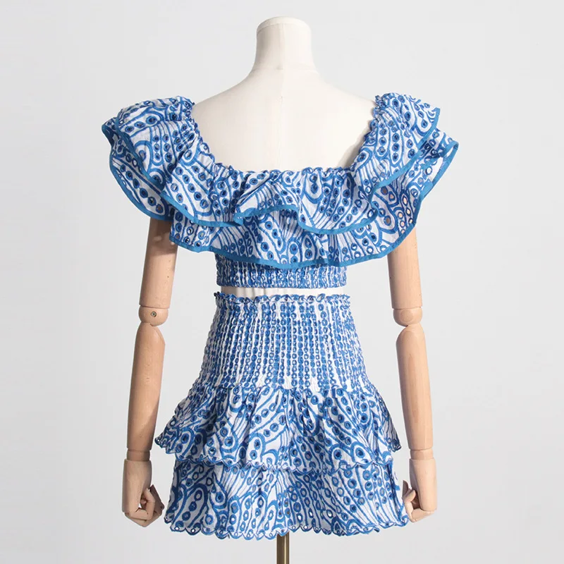 Temperament French Skirt Two Piece Set Women Sexy Hollow Out Ruffle Cropped Top High Waist A-line Mini Skirts 2 Piece Sets Trend