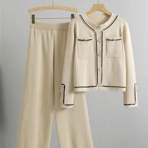 Female casual mesh 2 pieces defines Korean cut mesh jerk sweater cardigan tops-en high waist ankle length pants 10 Main Sales Women's Tricot Set - №9