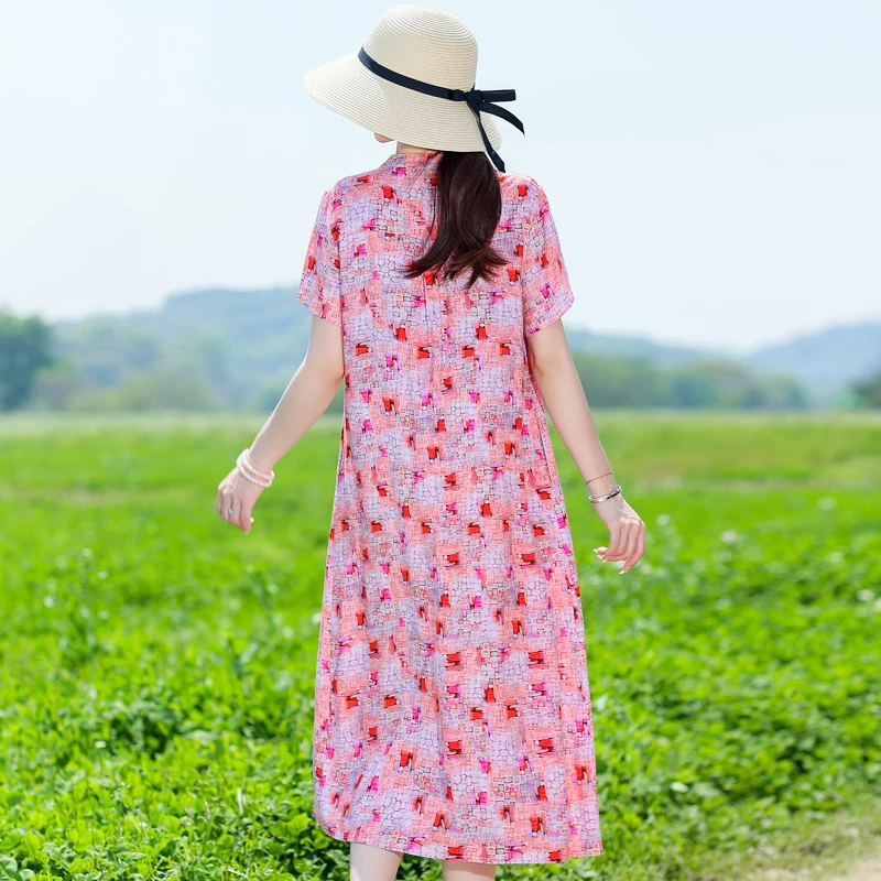 Vestidos largos elegantes de verano para mujer, ropa holgada de manga corta con estampado Vintage coreano, de alta calidad, 2023