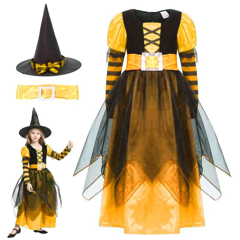 Kinder Rollenspiel-Kostüm Mädchen Hexen-Cosplay-Kleid mit Hut Besen Langarm Tüll Halloween Kostüm für Karnevalsparty – Detail 12