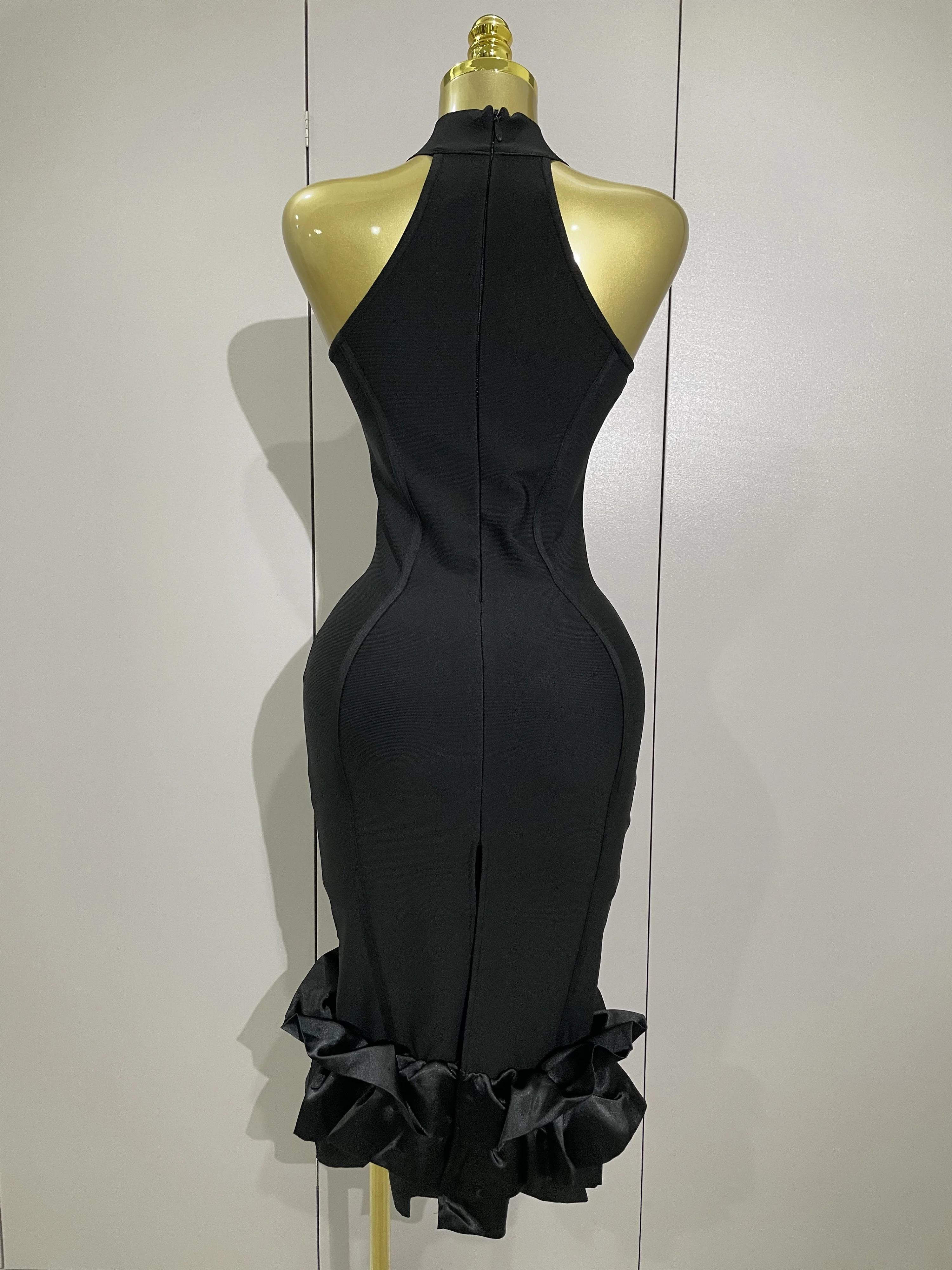 Sexy High Collar Ruffle Black Sheath Sleeveless Bandage Dress 2025 Women Elegant Formal Party Prom Gown Luxury Birthday Dresses