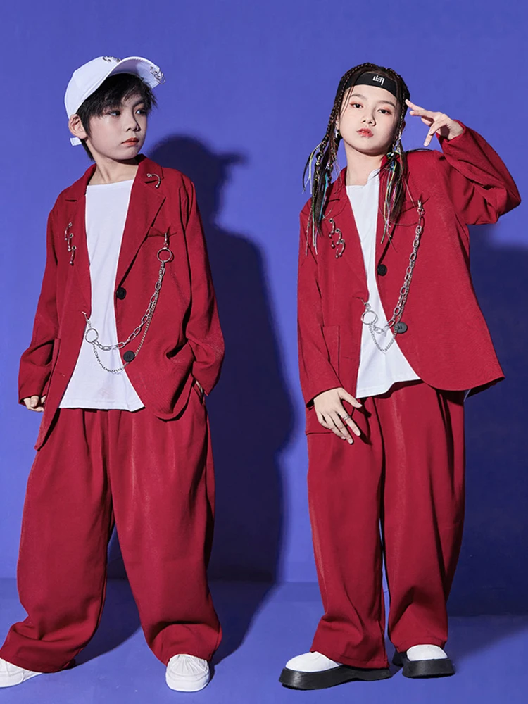 2023 Burgundy Suit For Kids Hip Hop Dance Costume Jazz Performance Clothes Girls Kpop Outfit Boys Street Dance Stage Wear BL9926