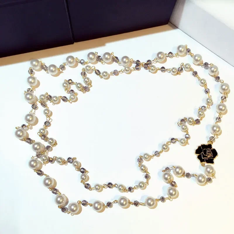 

Classic luxury brand New Long Pearl Necklace Double Layer Camellia pendant long necklace Party jewelry For Women