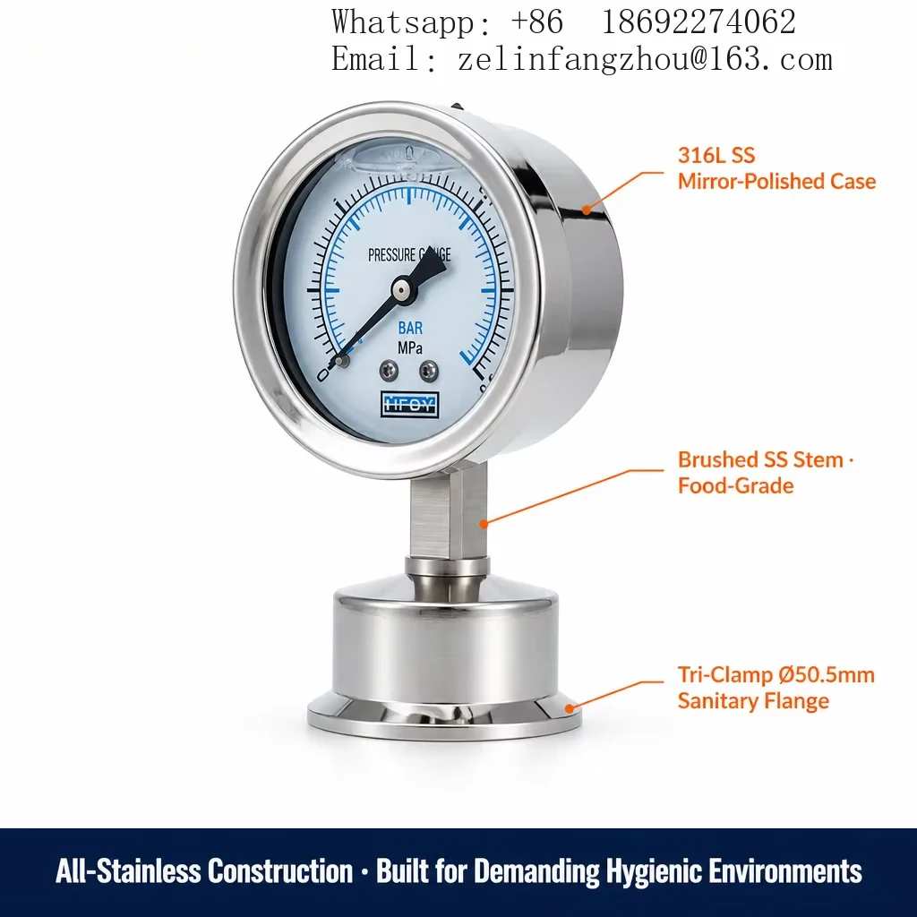 Tri Clamp 50.5mm Hygienic Diaphragm Pressure Gauge 316L SS Food Beverage Dairy CIP SIP 0-0.1 6MPa CE Certified RT Pro