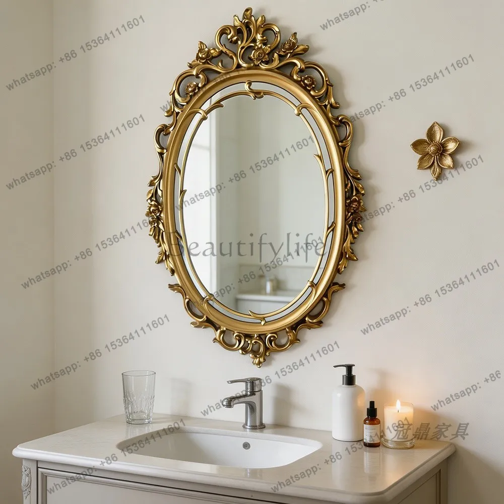 YJ French Retro Carved Oval Wall Mount Vanity Mirror Mid‑Century Unit For Hotel Bathroom Home Dressing Decor