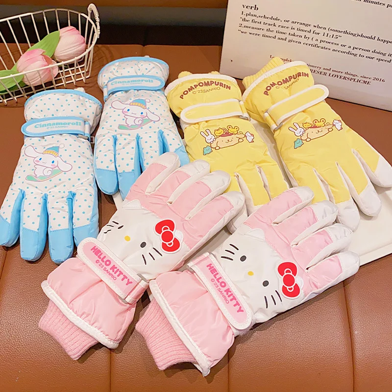 Sanrio Kuromi Melody Children Kids Ski Gloves Cinnamoroll Pochacco Waterproof Thicken Warm Adult Student Girl Five-finger Glove