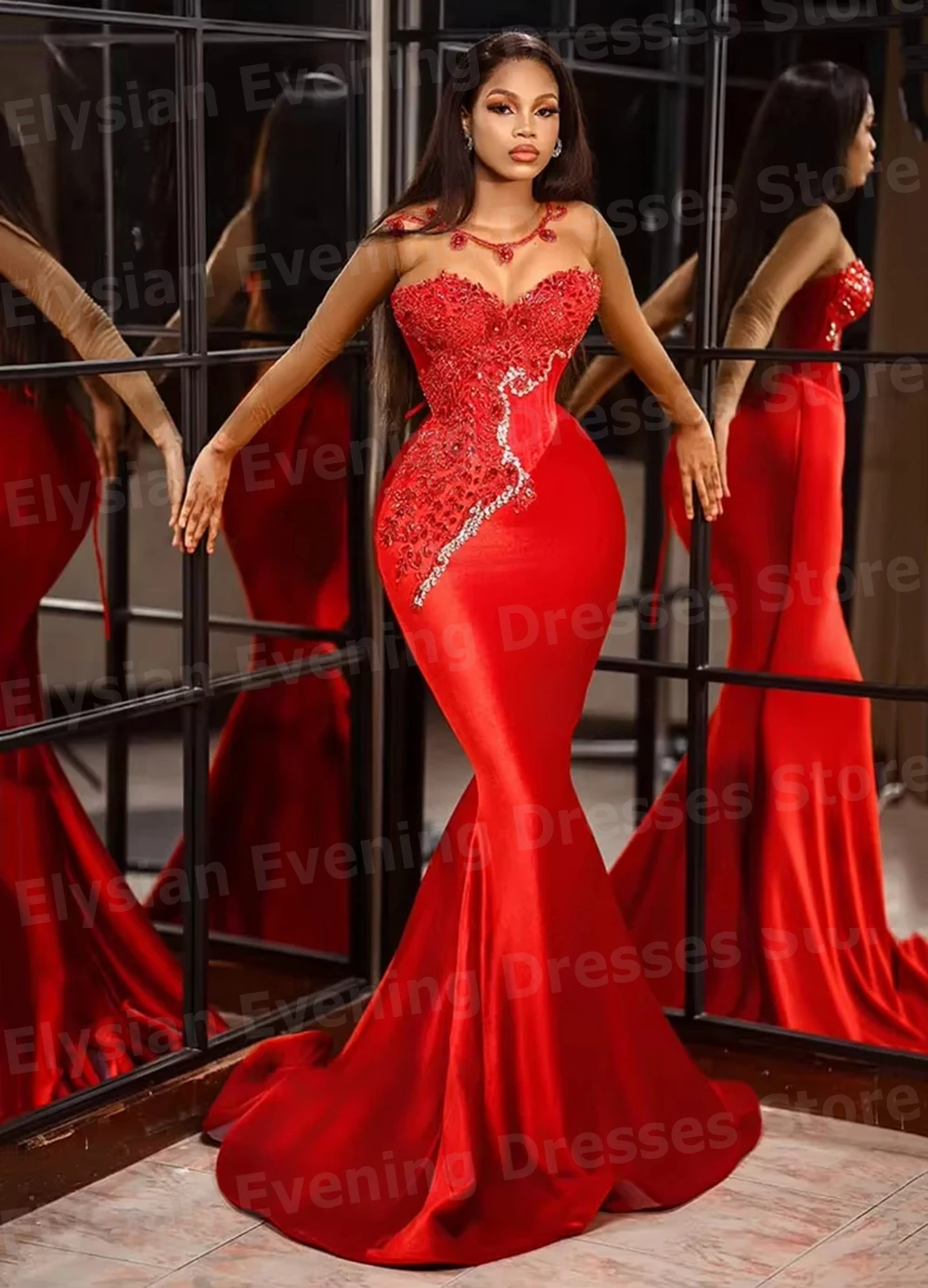 

Graceful Women's Mermaid Long Sleeve Evening Dresses Customized Robe De Soirée Prom Gowns O Neck Appliques Vestidos Para Mujer
