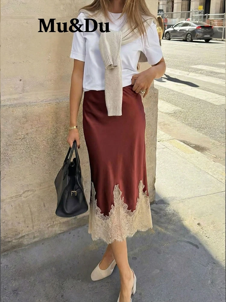 Women Elegant Fashion Patchwork Lace Skirt Side Zipper High Waist Slim Midi Skirts 2026 Spring Summer Trend Lady Skirt