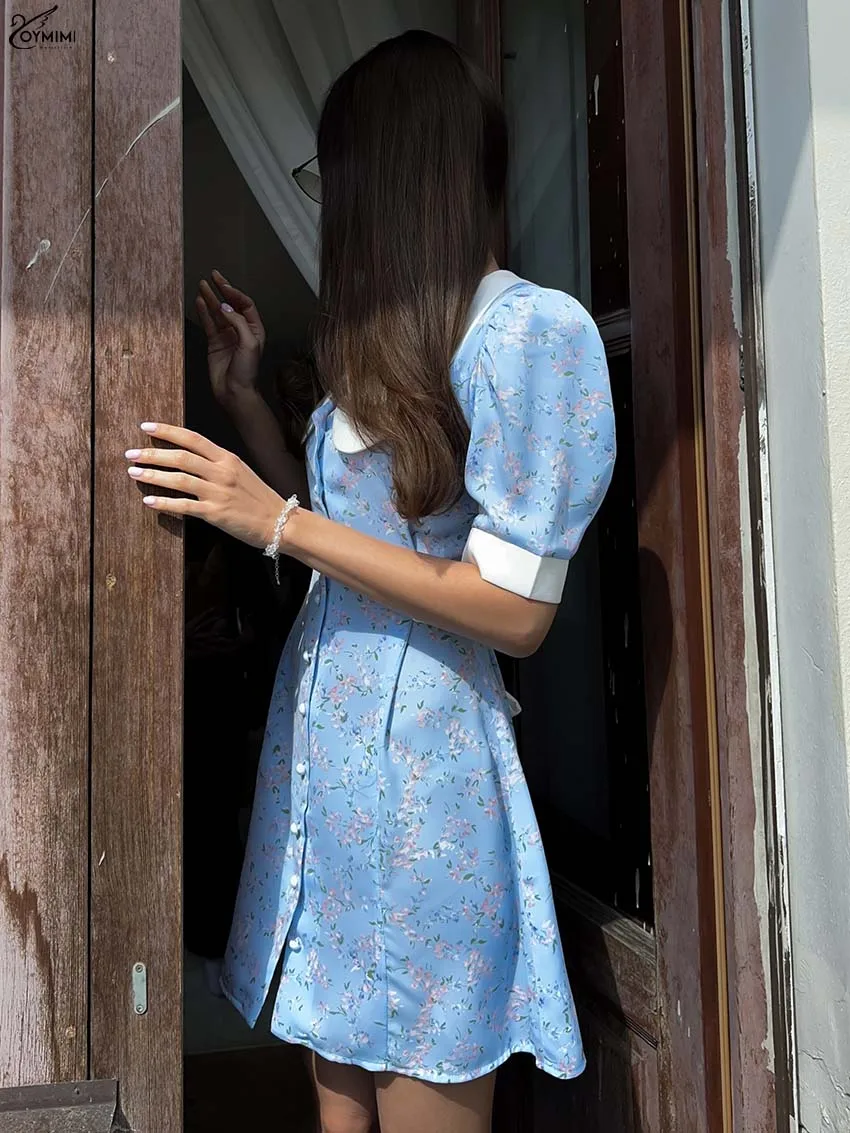 Oymimi Fashion Blue Print Dresses 2025 Woman Elegant Lapel Patchwork Half Sleeve Dress Casual Single Breasted Mini Dress Female
