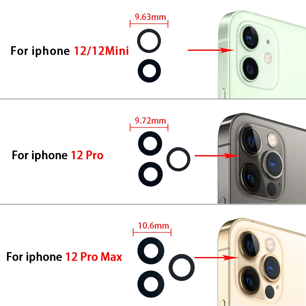 10Pcs/Lot,  For iPhone X XR XS 11 12 13 14 15 16 Pro Max Mini Plus Rear Back Camera Glass Lens With Ahesive