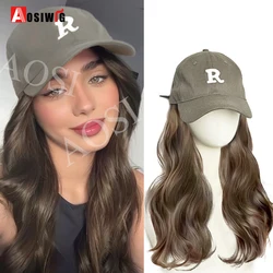 AOSI 16Inch Long Wavy Wig Synthetic Wig Baseball Cap Extensions Hat Wigs Cold Brown Adjustable Hairpiece for Women Daily Wear