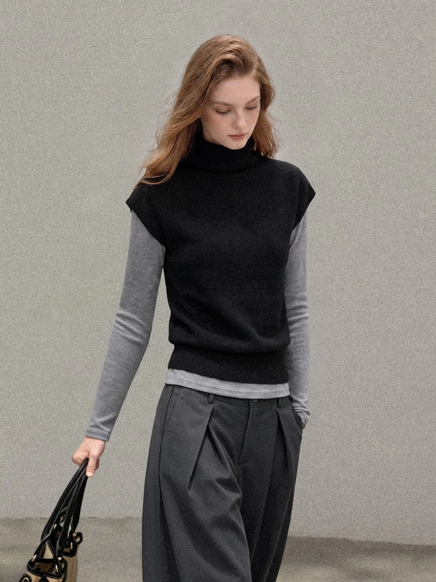 Black High Collar Knitted Vest Women's Early Autumn Long Sleeve Layering Base Shirt Two Piece Set Korean Style Commute Fashion