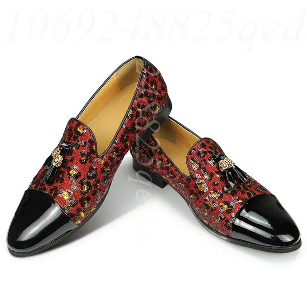 

Luxury Sequin Loafers Print Black Glitter Slip-On Dress Shoes with Tassel Accents Patent Cap Toe Pumps Comfort Insole Daily Wear