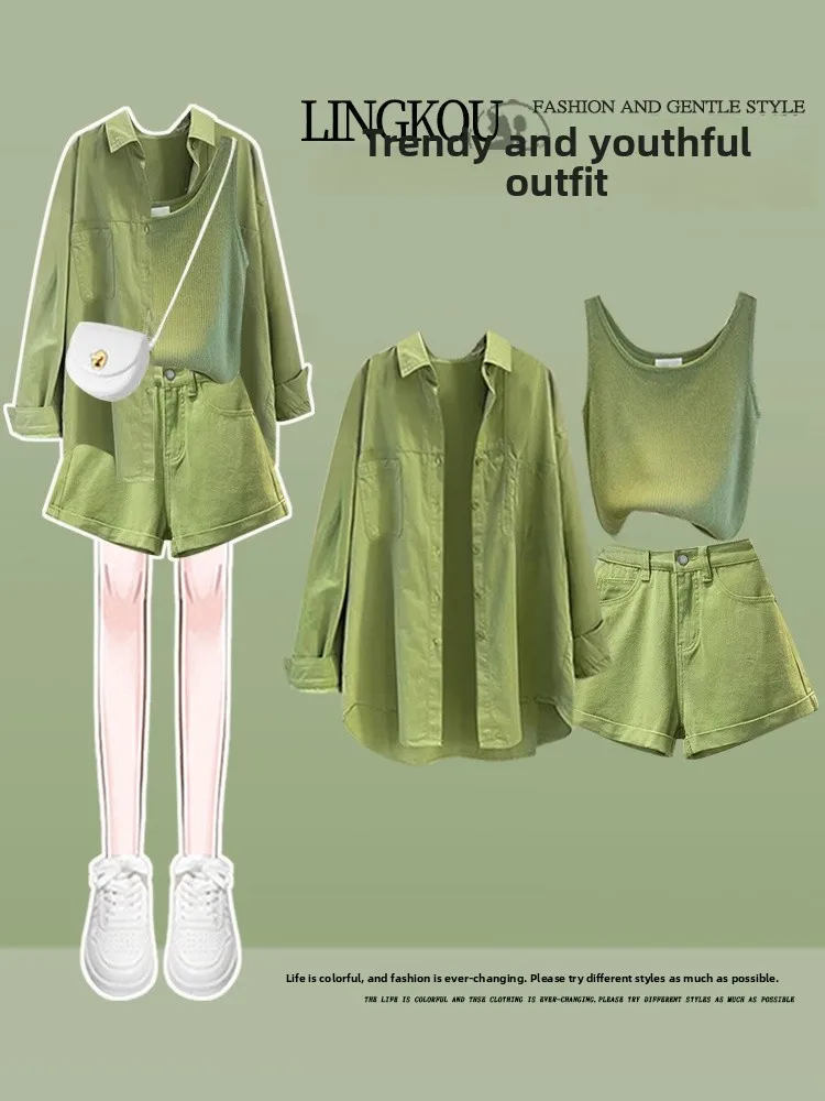 

Anti-Aging Summer Outfit Women's Denim Short Pants Vest Three-Piece Set Durable Material Long Sleeve Collar Buttoning Style