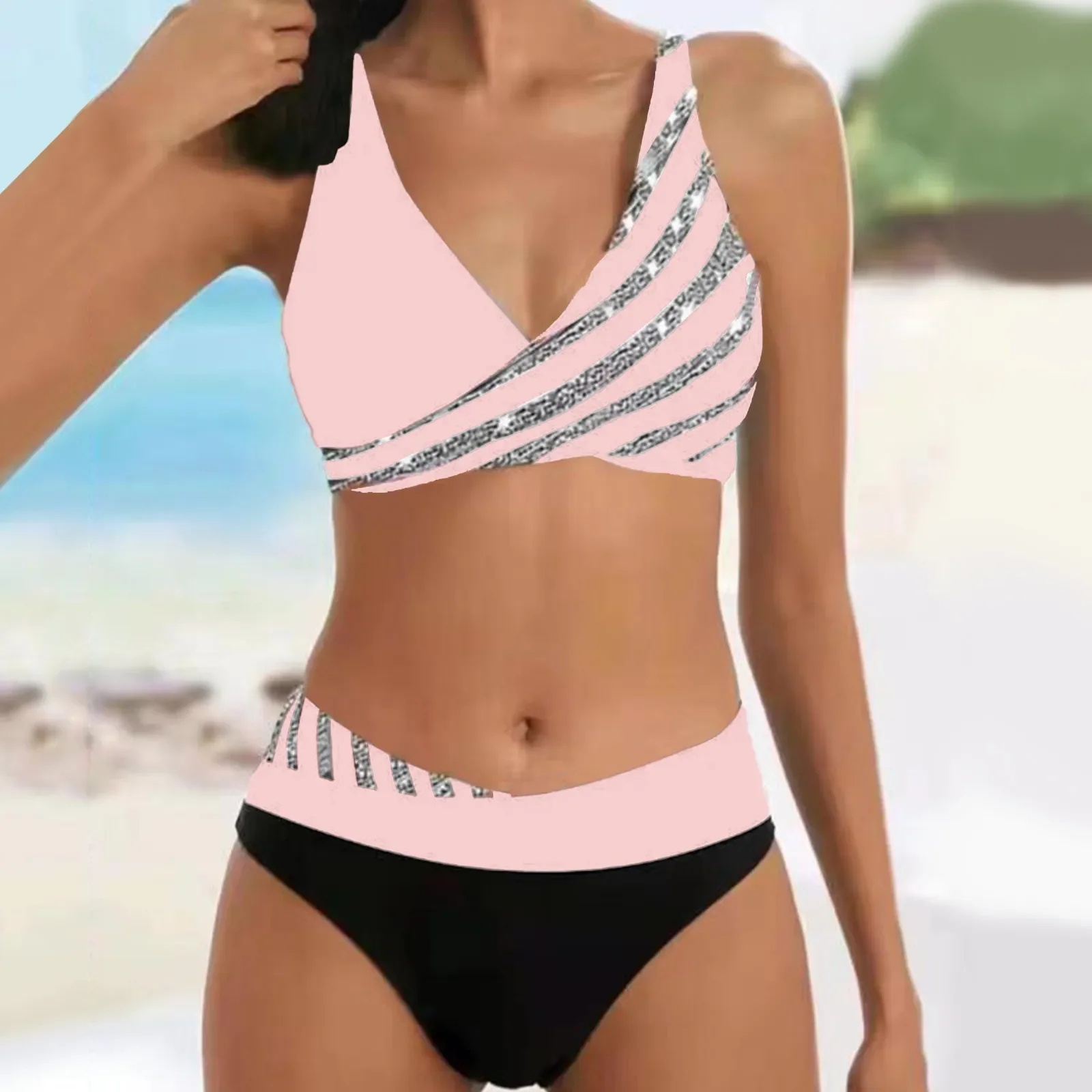 Dames Jeugd Stijlvolle Bikini Badmode Glanzend Gestreept Patchwork Kleur Contrast Tankini Badpak Vakantie Reizen Strandkleding