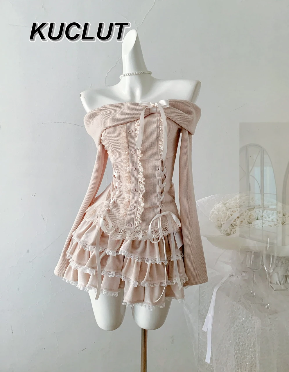 

Sweet Suit Bow One-word Shoulder Long-sleeved Knitted Top and Short Skirt Set Girl Pink Two-piece Sets for Women Spring Autumn