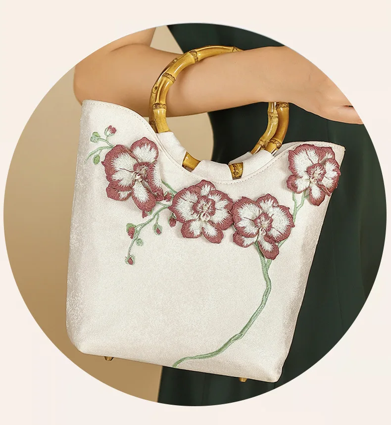 Women Vintage Floral Embroidery Fabric Bamboo Handle Medium Tote Bag Retro Chic Cottagecore Rococo Victorian Evening Handbag