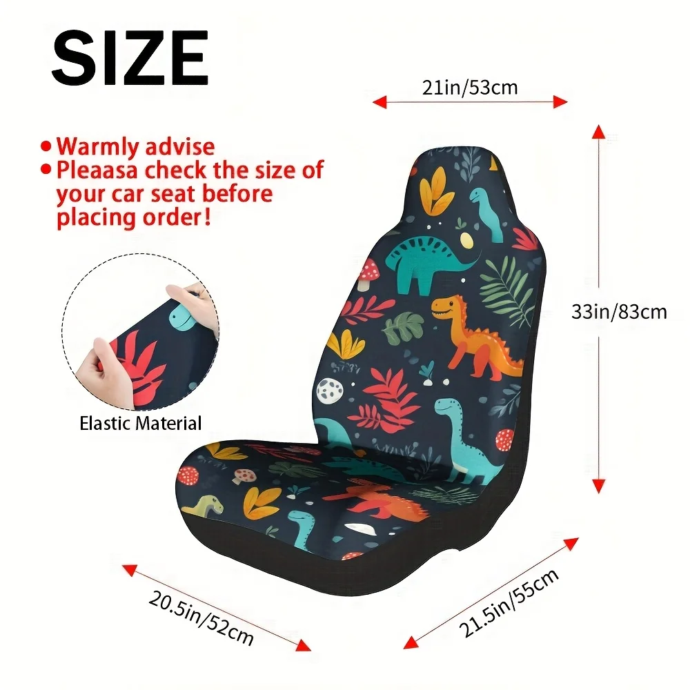 2pcs Dinosaur Parade Car Seat Covers Set - Vibrant Dinosaur & Leaf Print, Durable Polyester, Fit For Most Car Models, All-Season