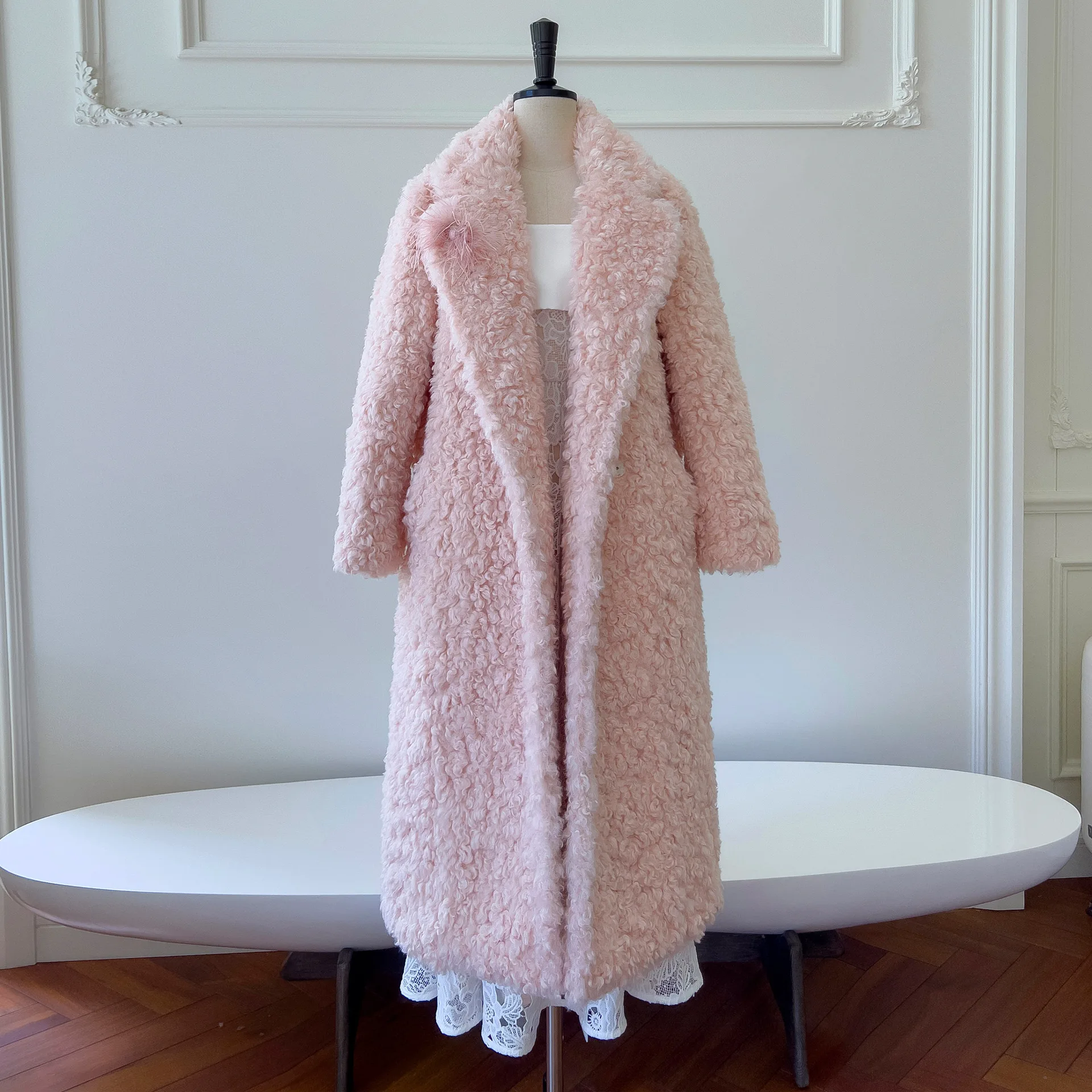 2023 early autumn new product cherry blossom pink woolen coat long sleeve medium and long temperament coat women