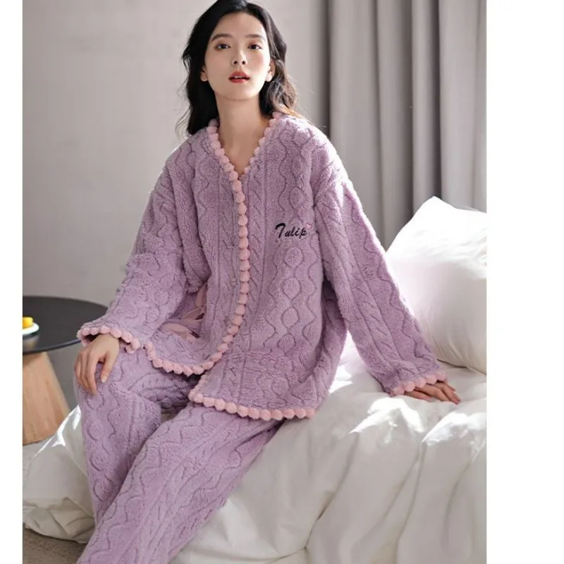Women's Plush Thick Cardigan, Autumn and Winter Purple  Loose and Warm Pajamas, Comfortable Coral Fleece Home Two-piece Set