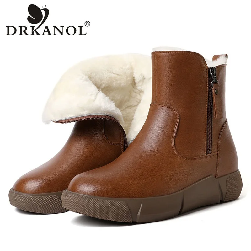 DRKANOL 2024 Big Size 41 42 Women Snow Boots Winter Natural Wool Warm Boots Round Toe Cowhide Shearling Fur Flat Ankle Boots