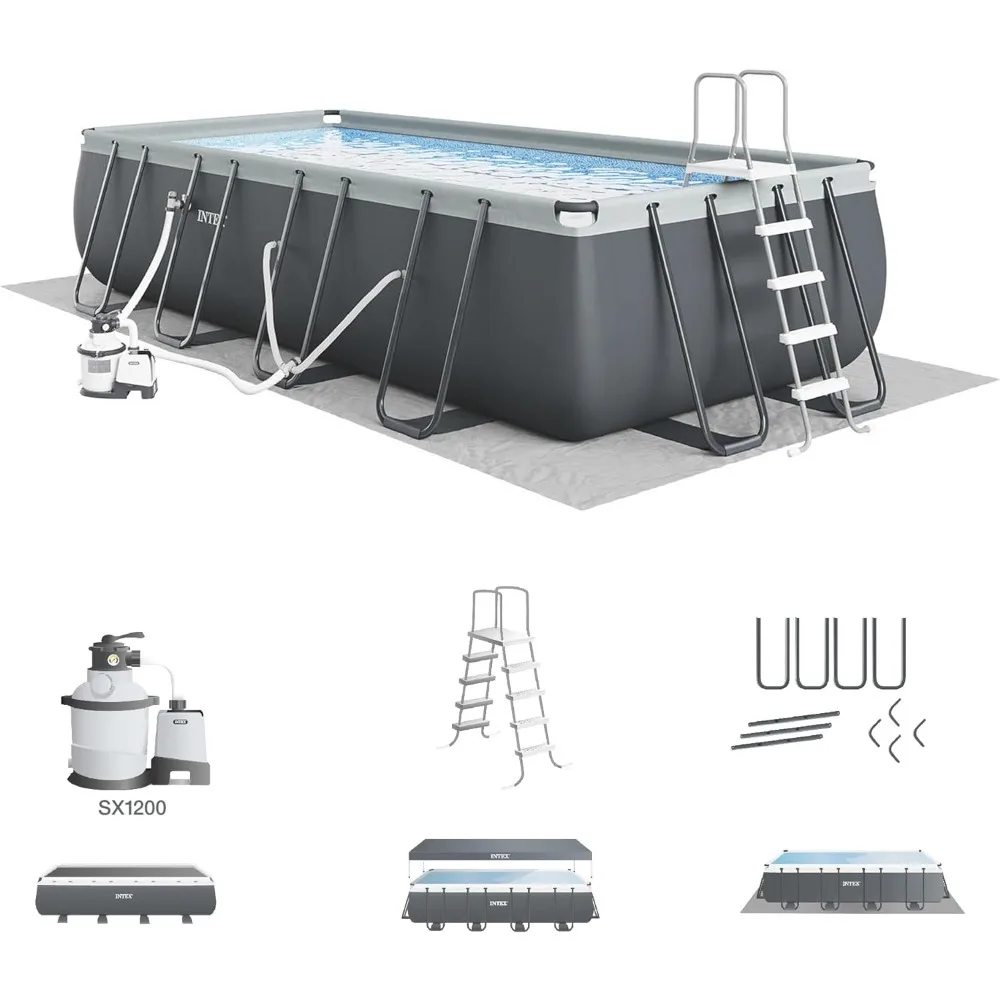 

Deluxe Rectangular above Ground Swimming Pool Set:Sand Filter Pump SuperTough Puncture Resistant Rust Resistant Easy to Assemble