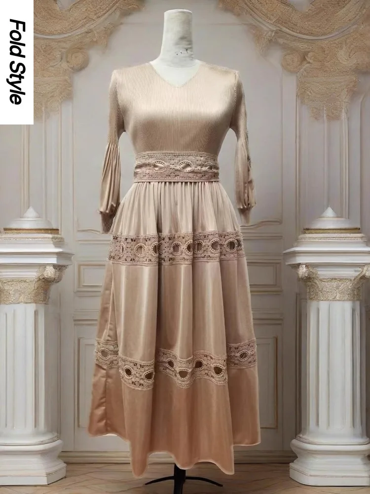 

2022, свободное платье Miyake из мятого кружева, модное однотонное темпераментное элегантное длинное платье с полыми рукавами-фонариками