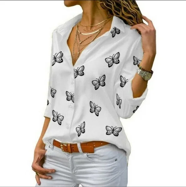

Women Shirt New Fashion 2025 Spring Autumn Loose Lapel Button Butterfly Print Open Front Shirt Ladies Elegant Casual Blouses