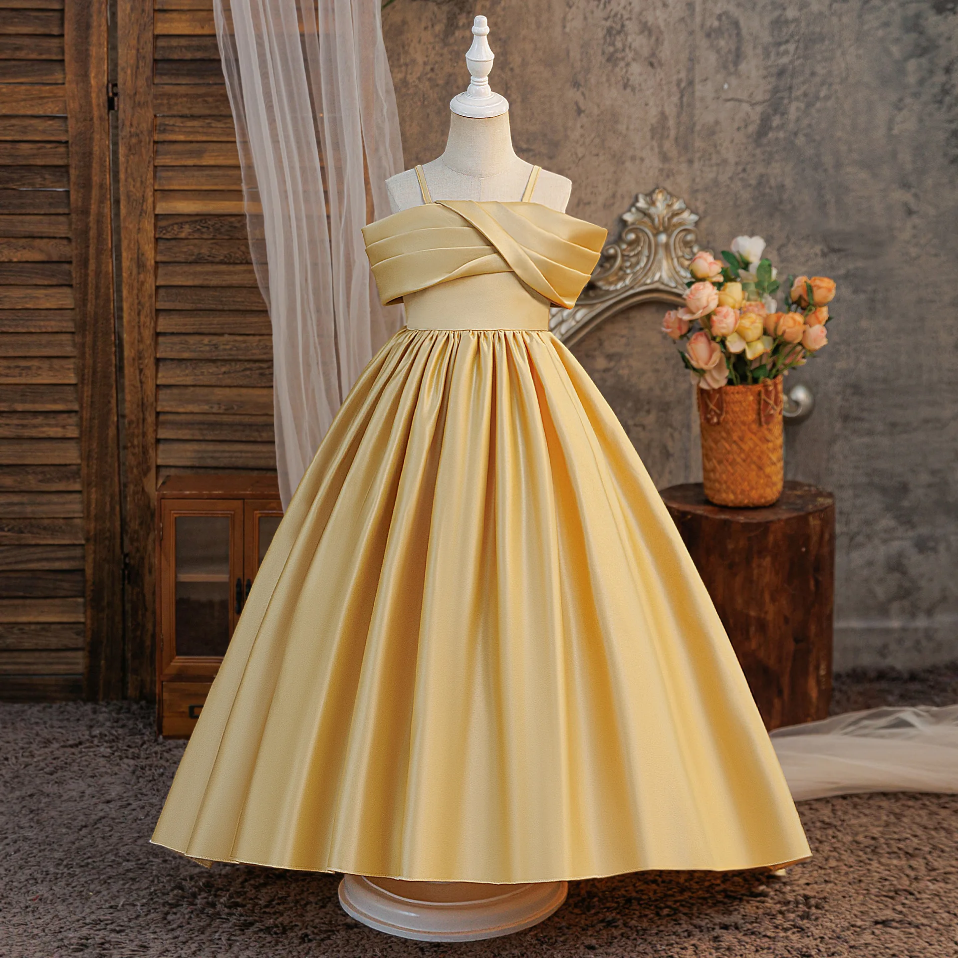 Girl First Communion Evening Gown Elegant Satin Trailing  Girls Wedding Bridesmaid Prom Dress Teenage Girls Evening Party birthd