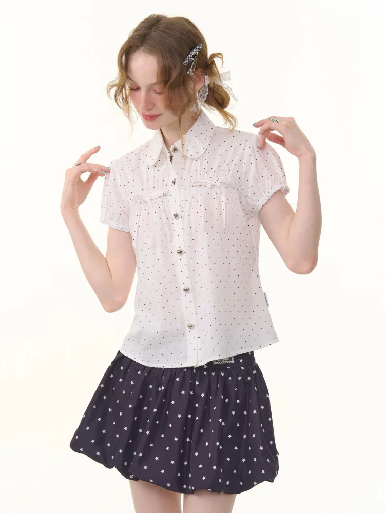 

ZiziFei Летняя новинка: женская блузка в американском ретро-стиле с воротником-куклой, в горошек, с короткими рукавами-фонариками, оригинальный дизайн, приталенная.