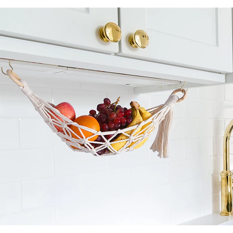 Hanging Fruit Hammock for Kitchen Under Cabinet Macrame Fruit Basket Net Veggies Hammock For Extra Storage