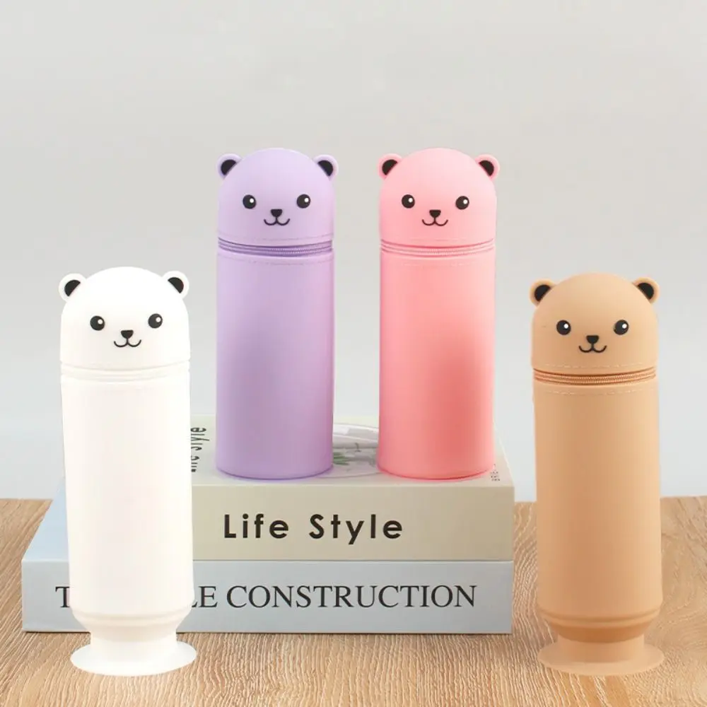 INS Cute Animal Cartoon Bear Pencil Case Silicone Soft Pencil Pouch Retractable Big Capacity Stationery Box Children Gifts