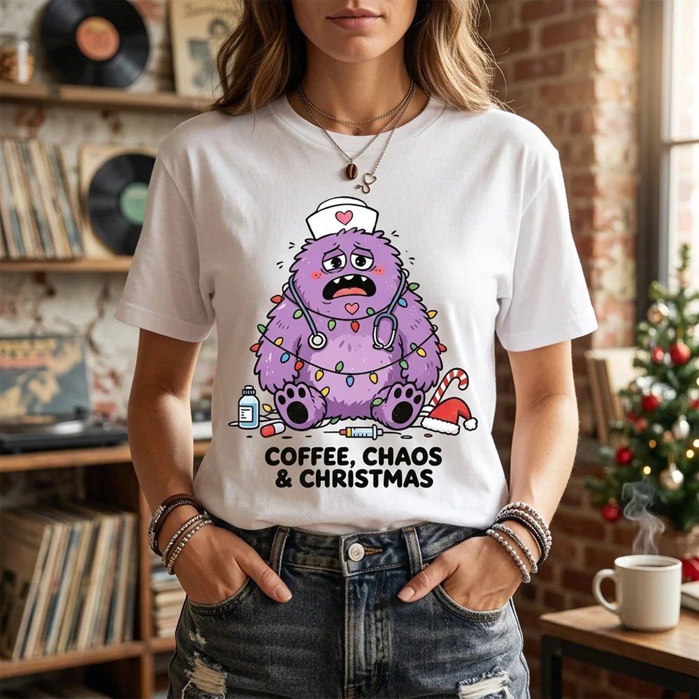 Women Men Coffee Chaos Christmas Nurse Monster Graphic White T Shirt Funny Holiday Nurse Gift Tee