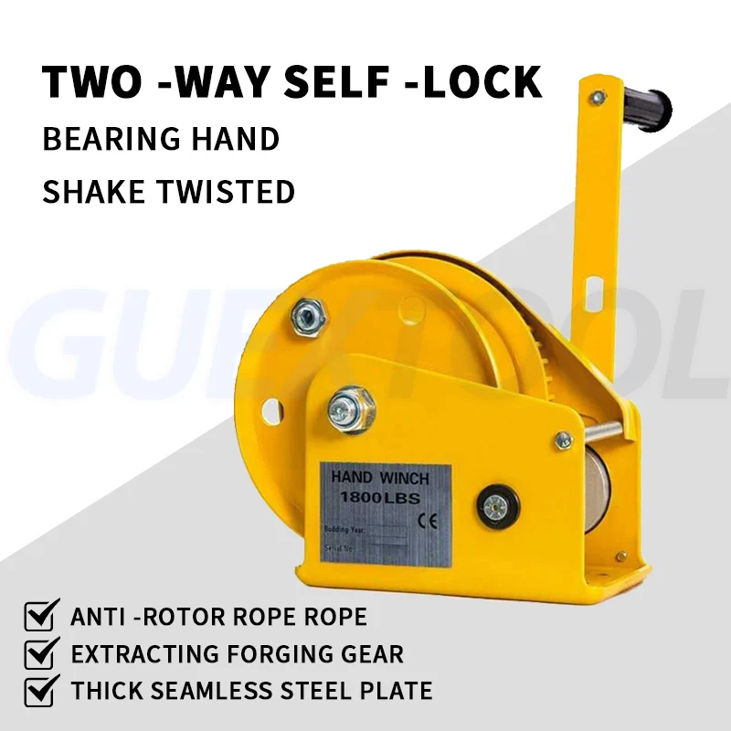 2600 Pounds Wirerope Hand Operated Winch Portable Winch Manual Traction Hoist Winch Crane Bidirectional Self-locking Capstan