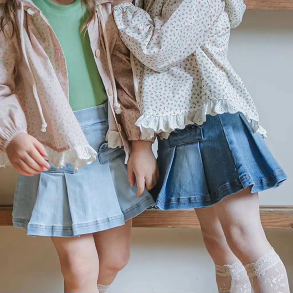 Spring 2026 Korean Style Girls Cute Pleated Denim Skirt Fashionable Half-length Brand Children's Clothing