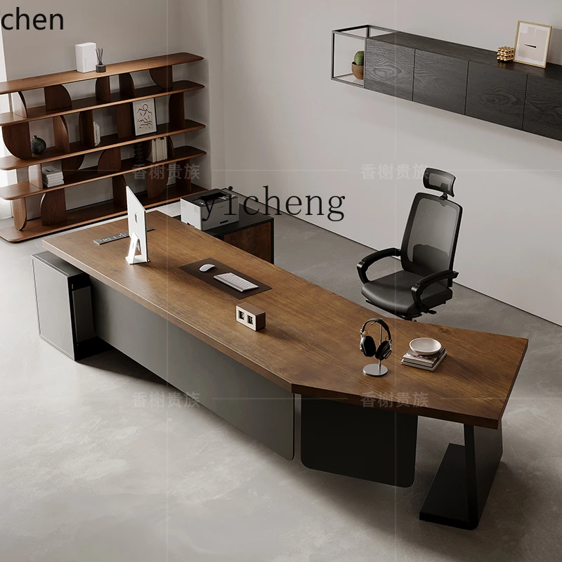 ZML مكتب كمبيوتر مكتبي من الخشب الصلب الراقية، طاولة رئيس بسيطة وحديثة ومبتكرة على شكل خاص مع خزانة جانبية #2