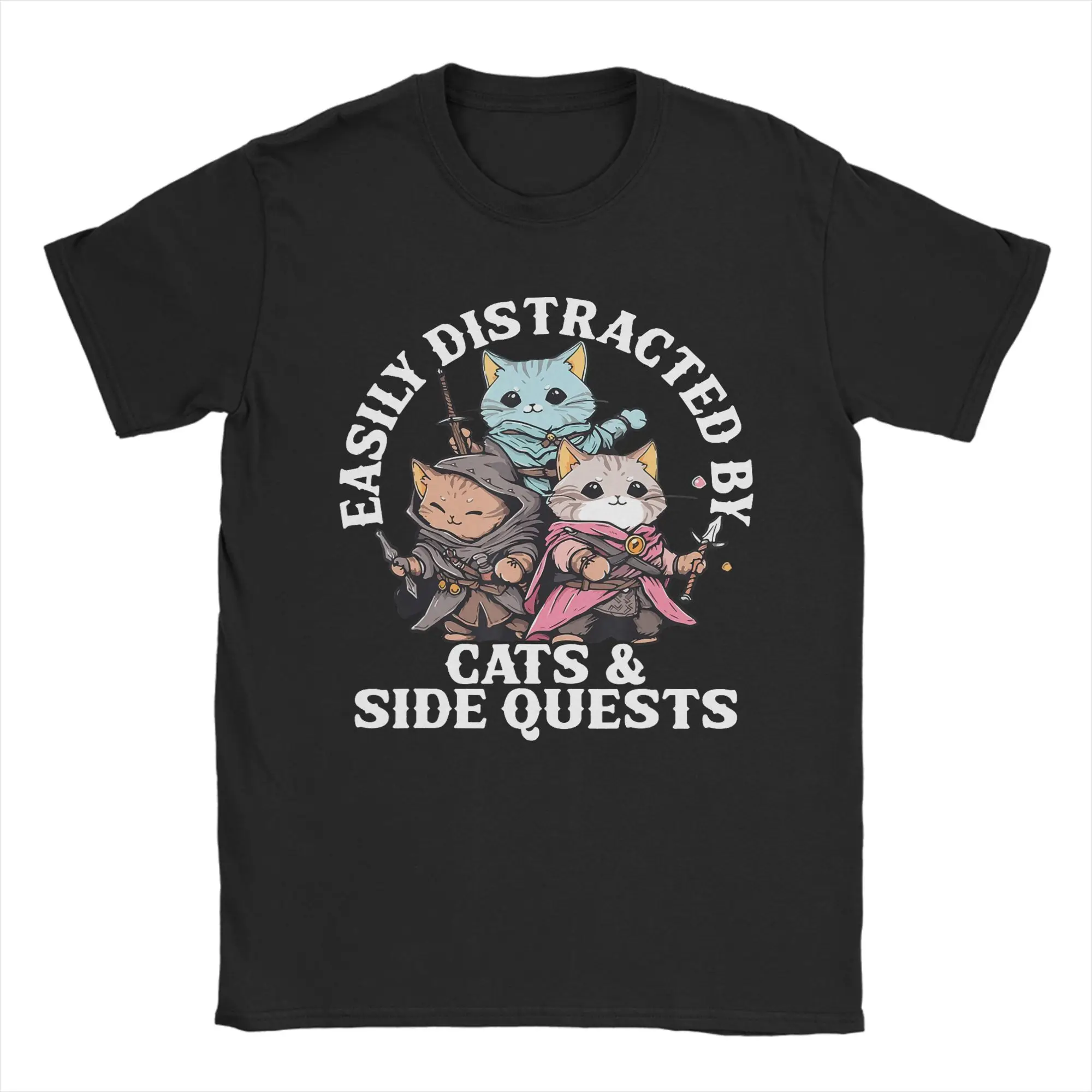 Men T-Shirts Cats Side Quest Distracted Tabletop Funny Creative 100% Cotton Tee Shirt Short Sleeve  T Shirt Crewneck Tops