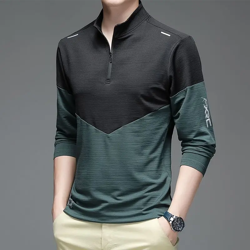 Summer Long Sleeve Ice Silk T-shirt Solid Half Zip Stand Collar Korean New Breathable Sweat Absorbing Sports Quick Dry Thin Tops