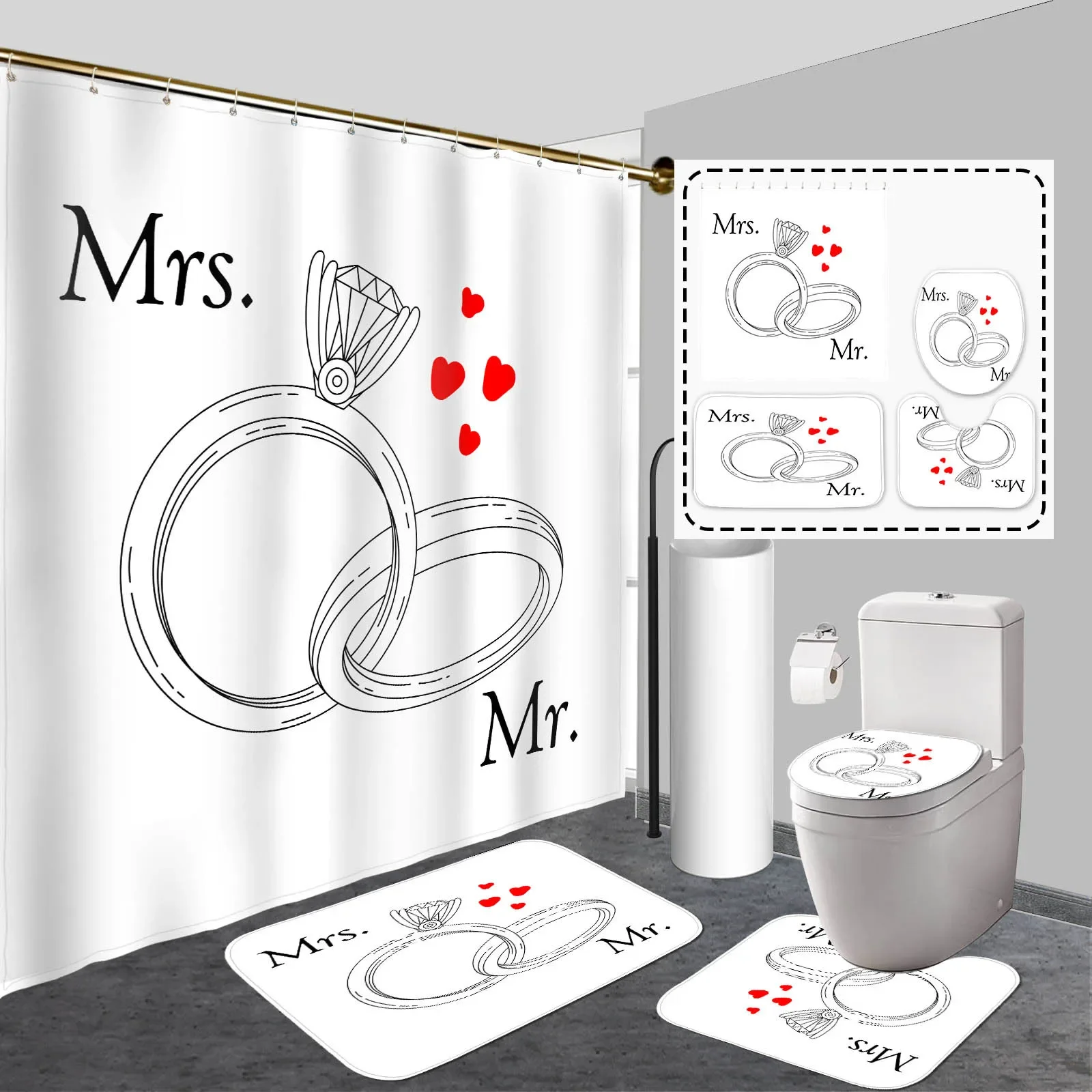 

Valentine's Day Bathroom Set 4-Piece - Romantic Shower Curtain with Hooks, Non-Slip Rug and U-Shaped Toilet Seat