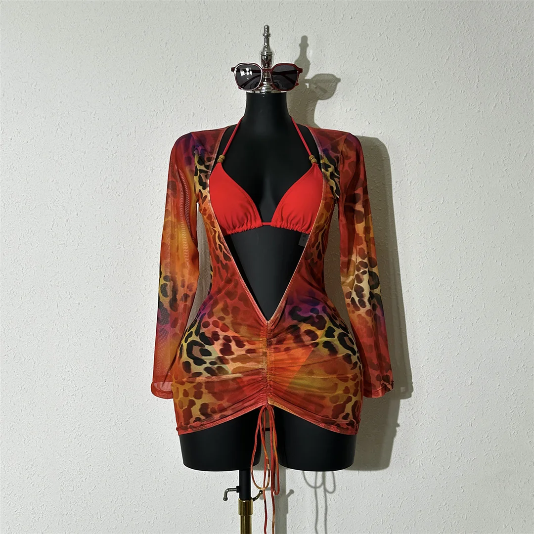 Leopard-Bikini mit langen Ärmeln, Damen-Badeanzug, dreiteiliges Bikini-Set, Damen-Badebekleidung, Badeanzug, Schwimmbekleidung V7608 – Detail 2
