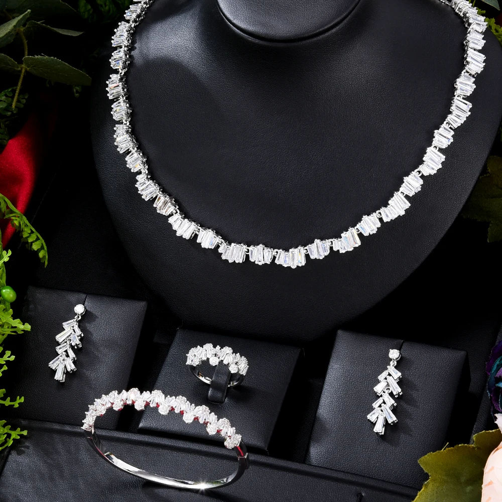 

Jimbora New Luxury Gorgeous Shiny Long Necklace Earrings Ring For Women Bridal Wedding Cubic Zirconia Costume Jewelry Sets