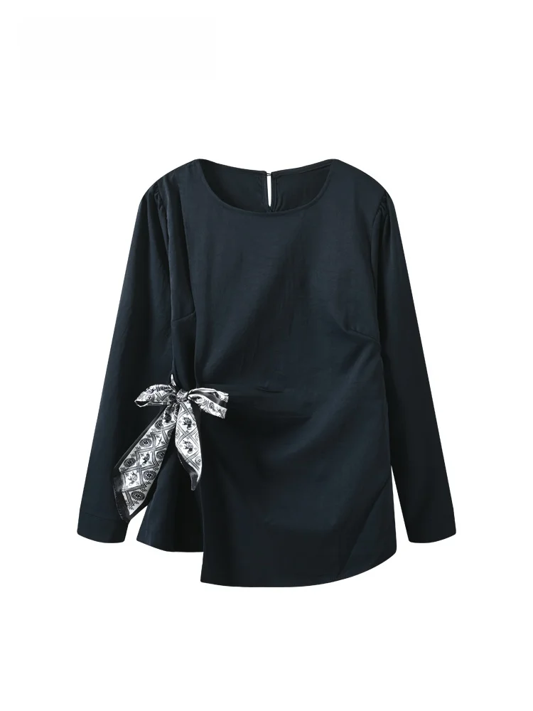 

Свободная женская рубашка с длинным рукавом и круглым вырезом, больших размеров, весенняя, модная, повседневная, из полиэстера, средней длины