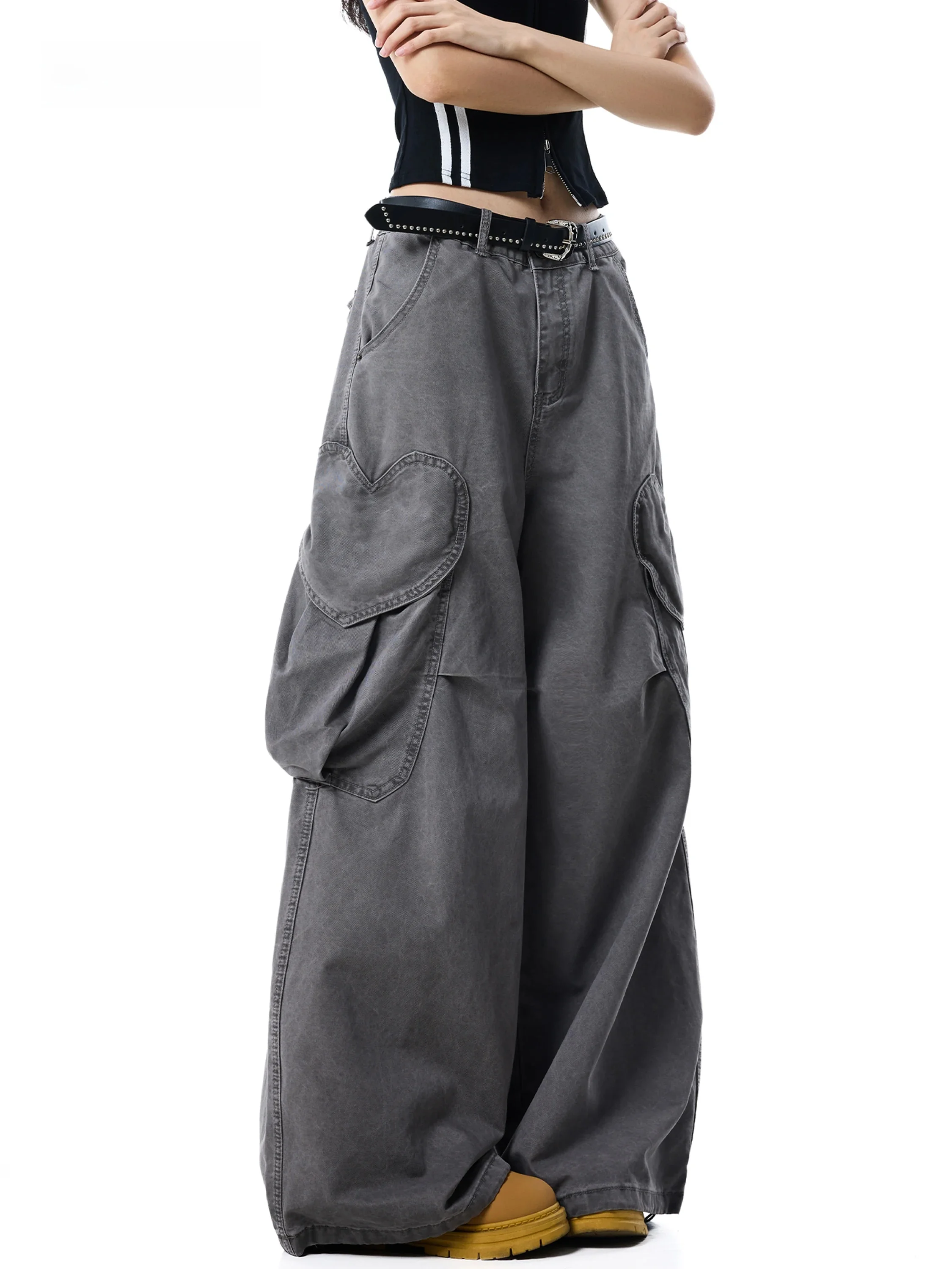 American High Street Workwear Denim Pants Women's Autumn High Waist Wide Leg Multi Pocket Slimming Floor-Length Trousers