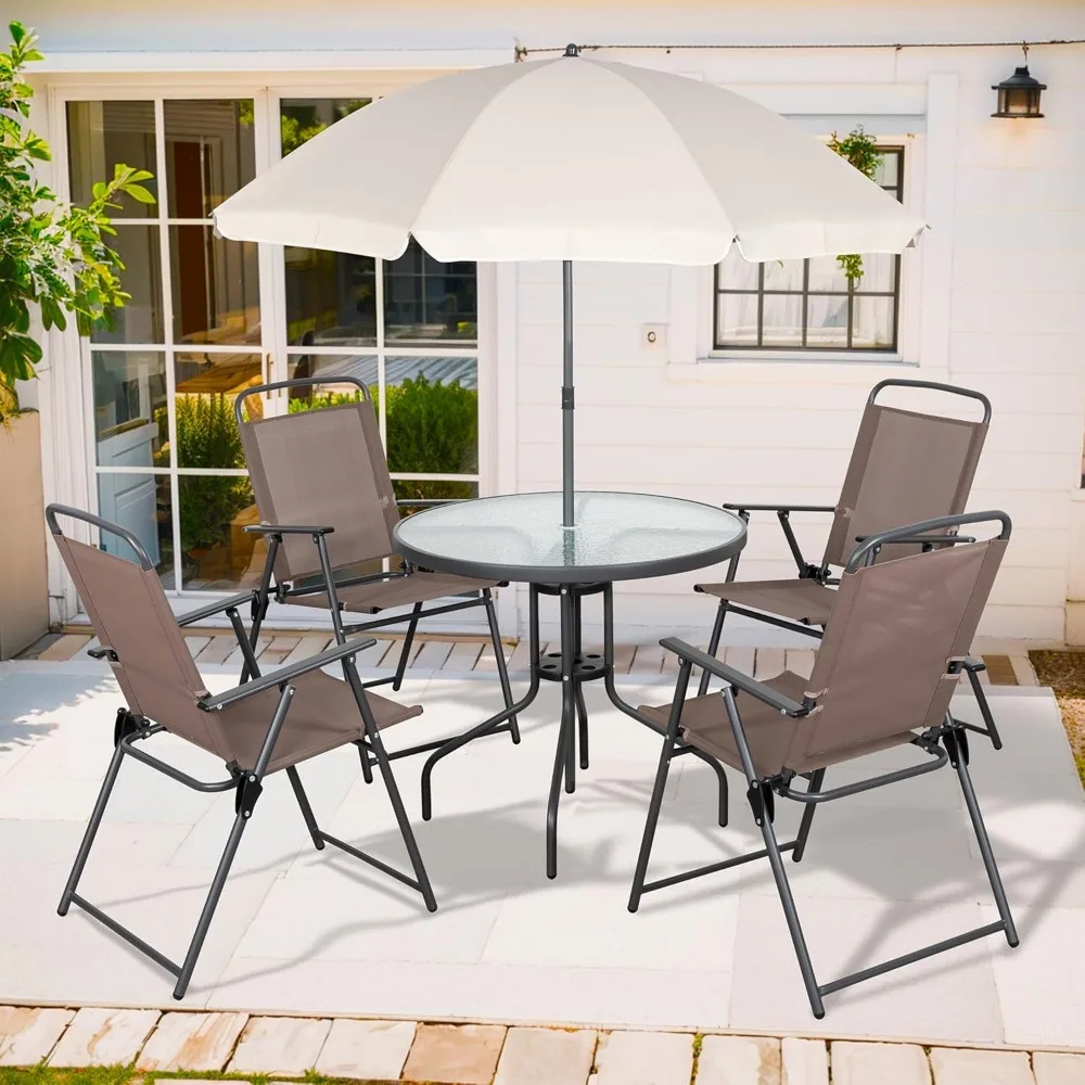 طقم طعام فناء مكون من 6 قطع مع مظلة، طقم أثاث خارجي مع 4 كراسي قابلة للطي وطاولة طعام من الزجاج المقسى #2