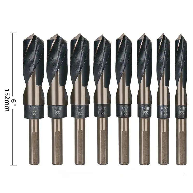 8Pcs 1/2'' Fine Shank and Deming Large Bit Set, M2 High Speed Steel, 135 Degree Split Tip | SAE Fractional Size 9/16''-1'', 1/16