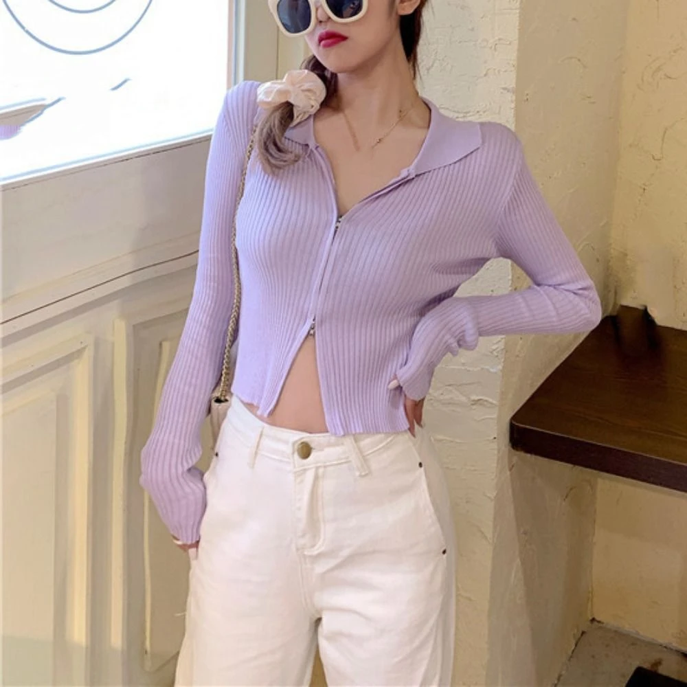 Slim Fit Knitted Polo Cardigans Ribbed Streetwear Long Sleeved Sweater Female Clothing All-match Flip Collar Shirt Spring